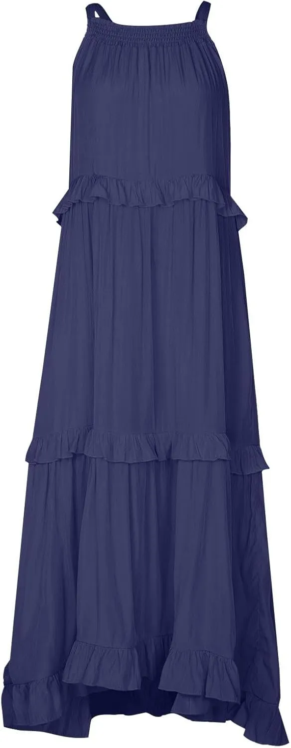 Summer Beach Dresses for Women 2024 Halter Tie Back Long Dress Tiered Smocked Ruffle Maxi Frocks Sleeveless Sundress