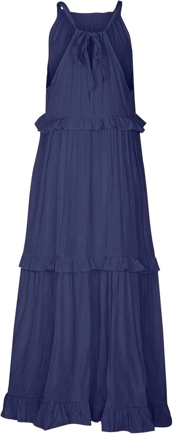 Summer Beach Dresses for Women 2024 Halter Tie Back Long Dress Tiered Smocked Ruffle Maxi Frocks Sleeveless Sundress