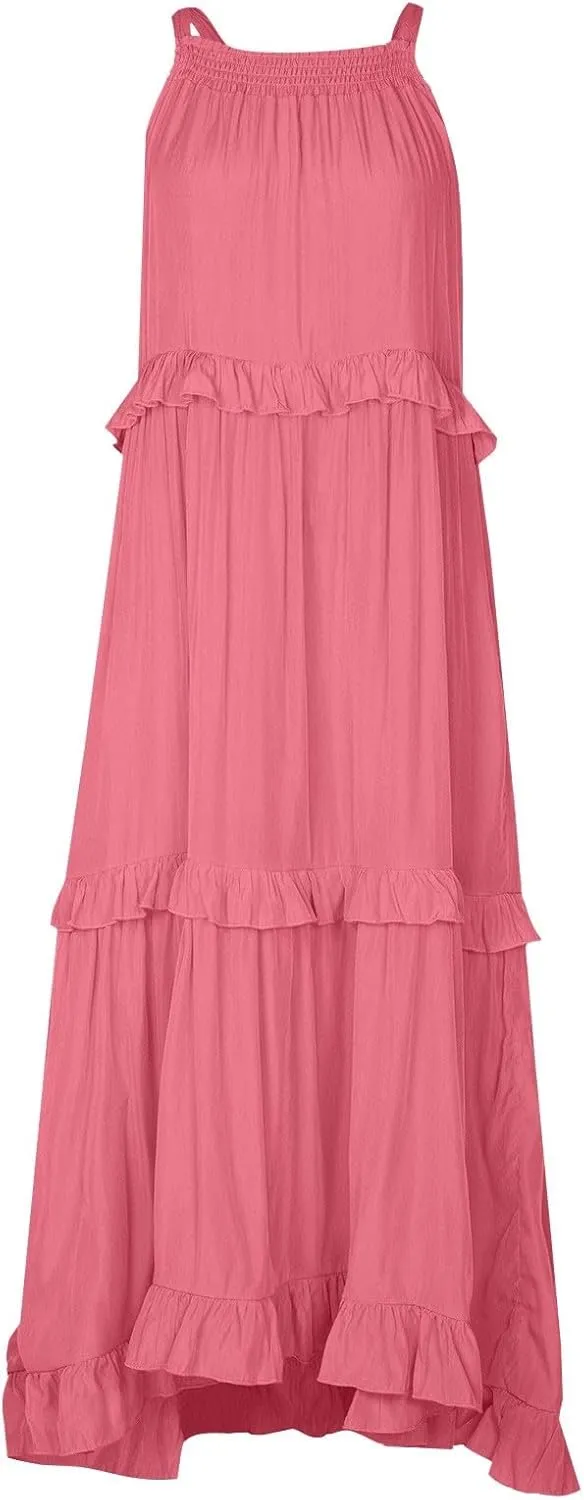 Summer Beach Dresses for Women 2024 Halter Tie Back Long Dress Tiered Smocked Ruffle Maxi Frocks Sleeveless Sundress