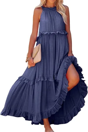 Summer Beach Dresses for Women 2024 Halter Tie Back Long Dress Tiered Smocked Ruffle Maxi Frocks Sleeveless Sundress