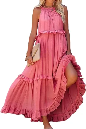 Summer Beach Dresses for Women 2024 Halter Tie Back Long Dress Tiered Smocked Ruffle Maxi Frocks Sleeveless Sundress