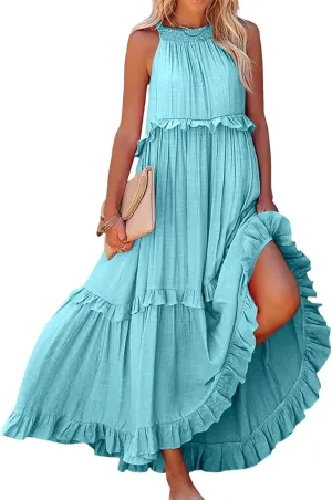 Summer Beach Dresses for Women 2024 Halter Tie Back Long Dress Tiered Smocked Ruffle Maxi Frocks Sleeveless Sundress