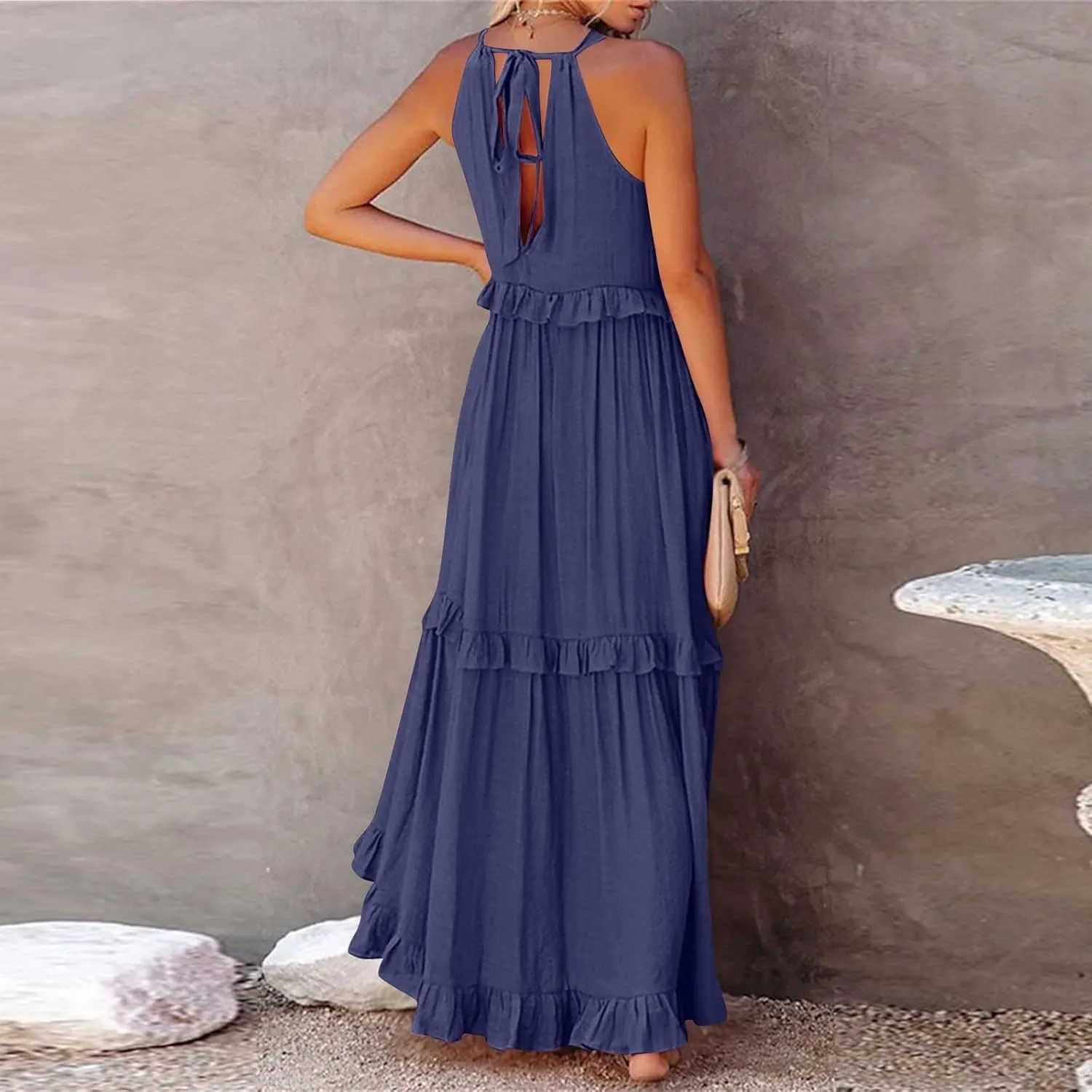 Summer Beach Dresses for Women 2024 Halter Tie Back Long Dress Tiered Smocked Ruffle Maxi Frocks Sleeveless Sundress