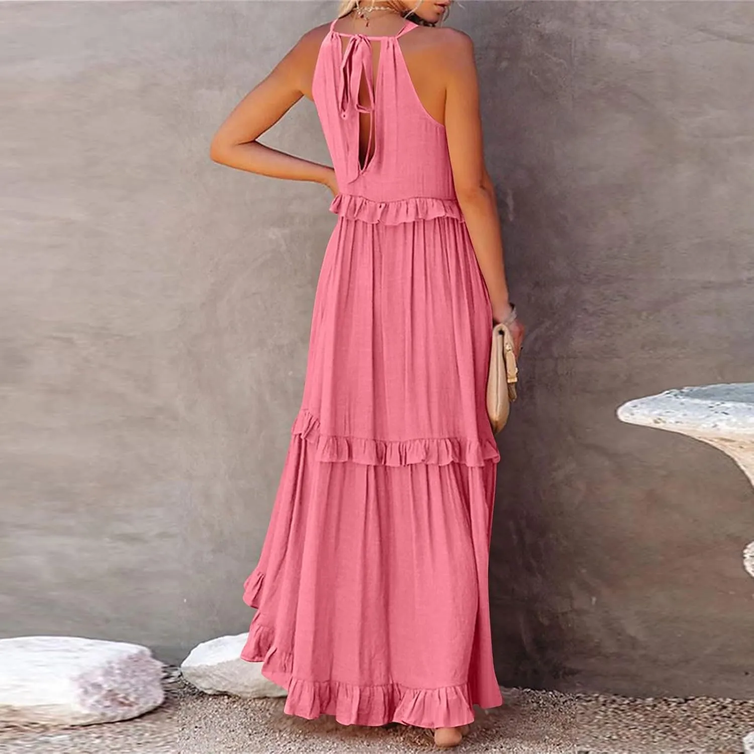 Summer Beach Dresses for Women 2024 Halter Tie Back Long Dress Tiered Smocked Ruffle Maxi Frocks Sleeveless Sundress