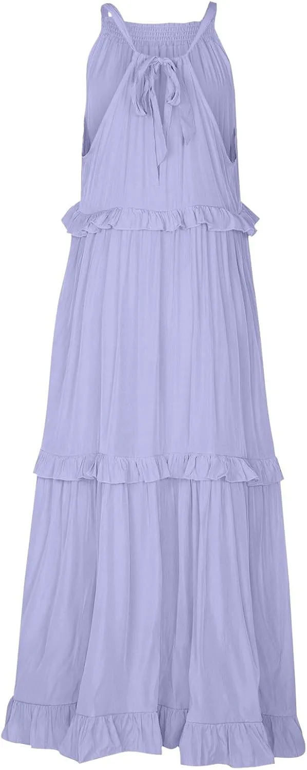 Summer Beach Dresses for Women 2024 Halter Tie Back Long Dress Tiered Smocked Ruffle Maxi Frocks Sleeveless Sundress