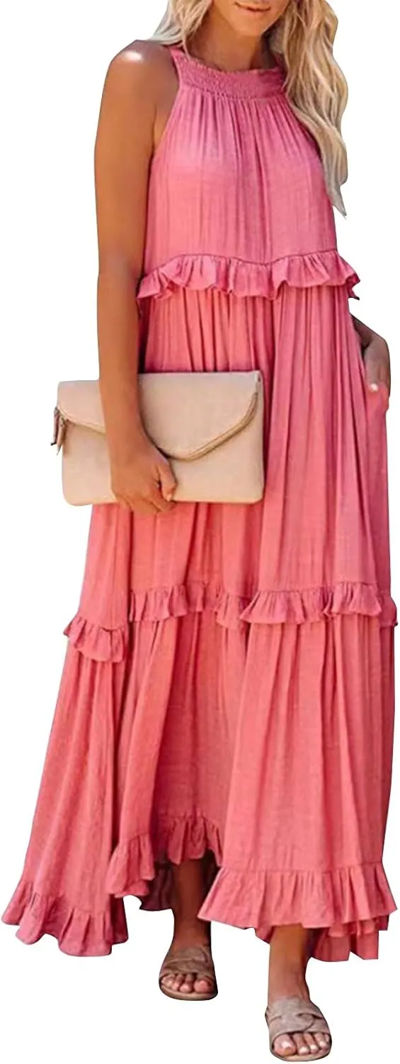 Summer Beach Dresses for Women 2024 Halter Tie Back Long Dress Tiered Smocked Ruffle Maxi Frocks Sleeveless Sundress