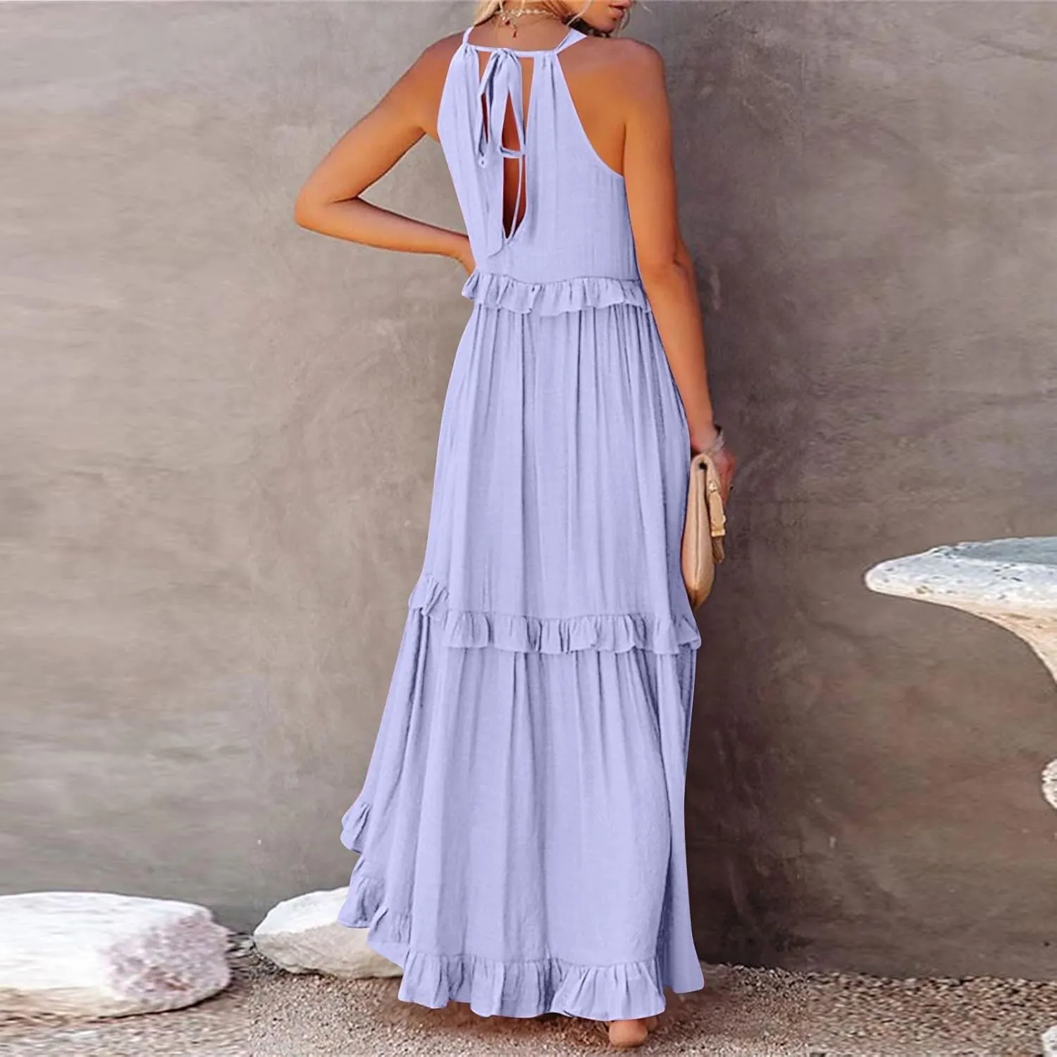 Summer Beach Dresses for Women 2024 Halter Tie Back Long Dress Tiered Smocked Ruffle Maxi Frocks Sleeveless Sundress