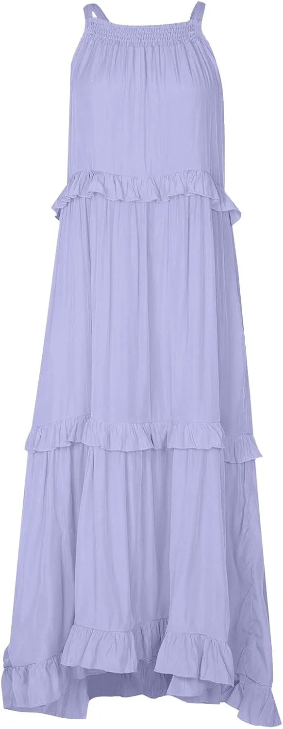 Summer Beach Dresses for Women 2024 Halter Tie Back Long Dress Tiered Smocked Ruffle Maxi Frocks Sleeveless Sundress