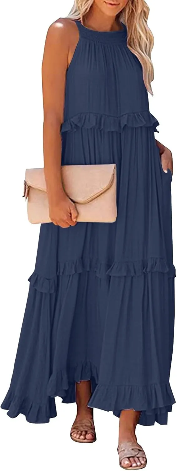 Summer Beach Dresses for Women 2024 Halter Tie Back Long Dress Tiered Smocked Ruffle Maxi Frocks Sleeveless Sundress