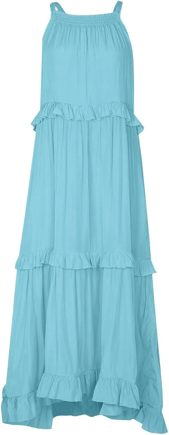 Summer Beach Dresses for Women 2024 Halter Tie Back Long Dress Tiered Smocked Ruffle Maxi Frocks Sleeveless Sundress