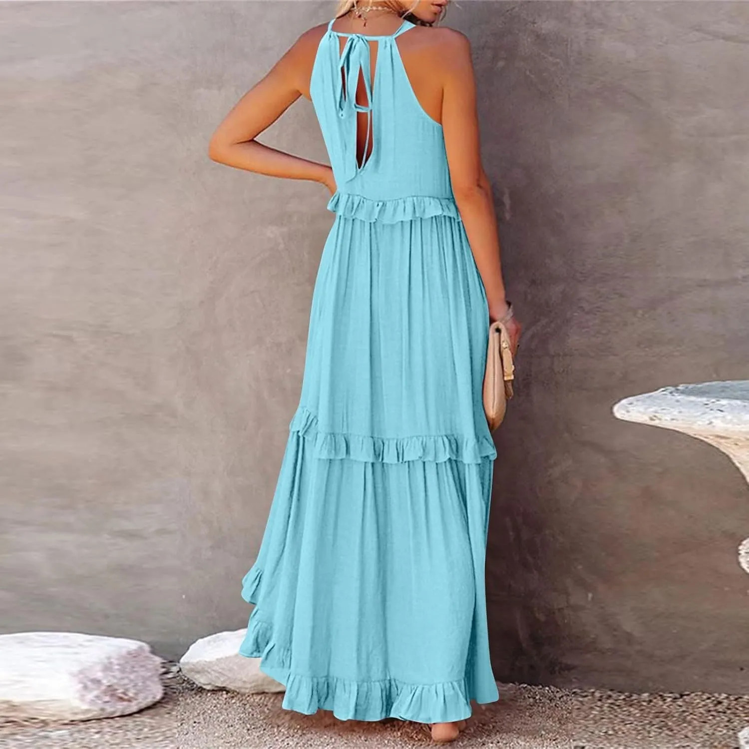 Summer Beach Dresses for Women 2024 Halter Tie Back Long Dress Tiered Smocked Ruffle Maxi Frocks Sleeveless Sundress