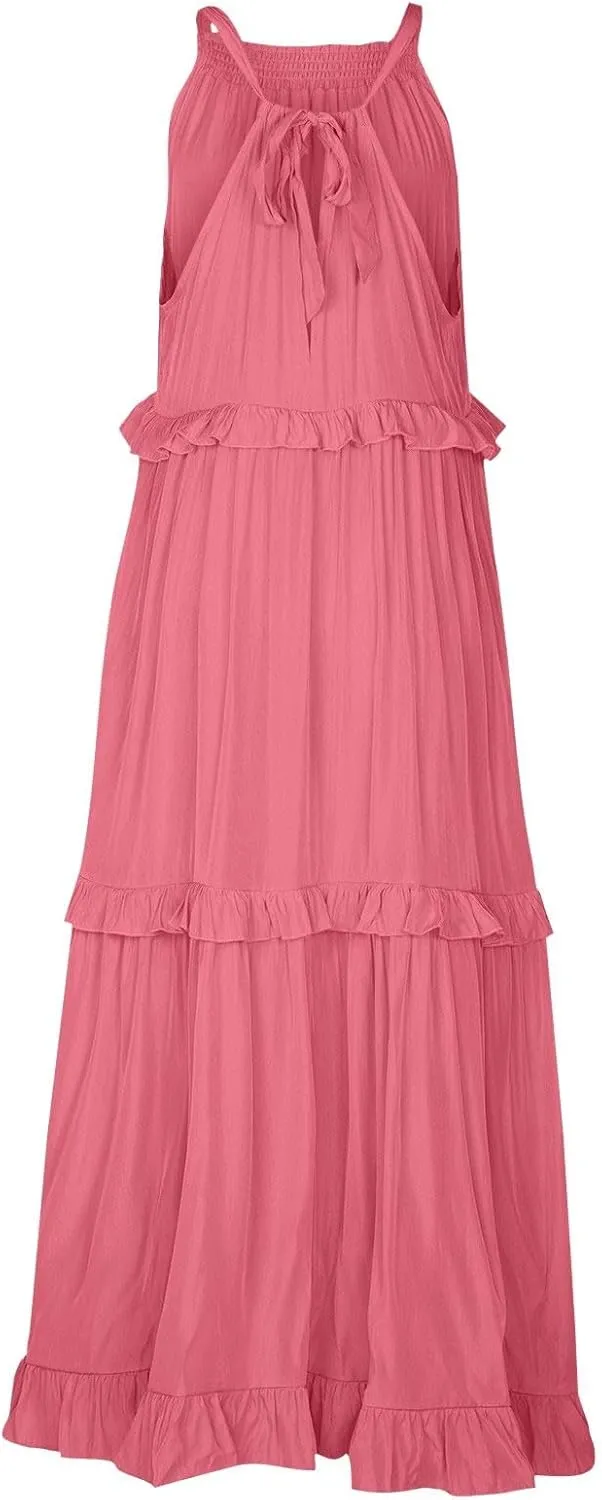 Summer Beach Dresses for Women 2024 Halter Tie Back Long Dress Tiered Smocked Ruffle Maxi Frocks Sleeveless Sundress