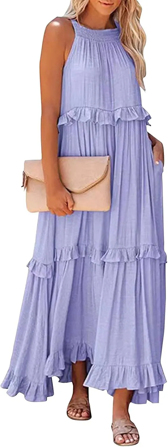 Summer Beach Dresses for Women 2024 Halter Tie Back Long Dress Tiered Smocked Ruffle Maxi Frocks Sleeveless Sundress