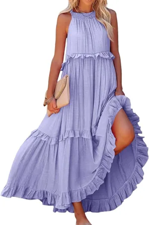Summer Beach Dresses for Women 2024 Halter Tie Back Long Dress Tiered Smocked Ruffle Maxi Frocks Sleeveless Sundress