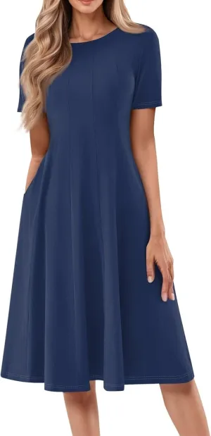 Summer Dresses for Women 2025 Elegant Short Sleeve Midi Dress Casual Plus Size Loose Comfy Flowy Boho Beach Sundress