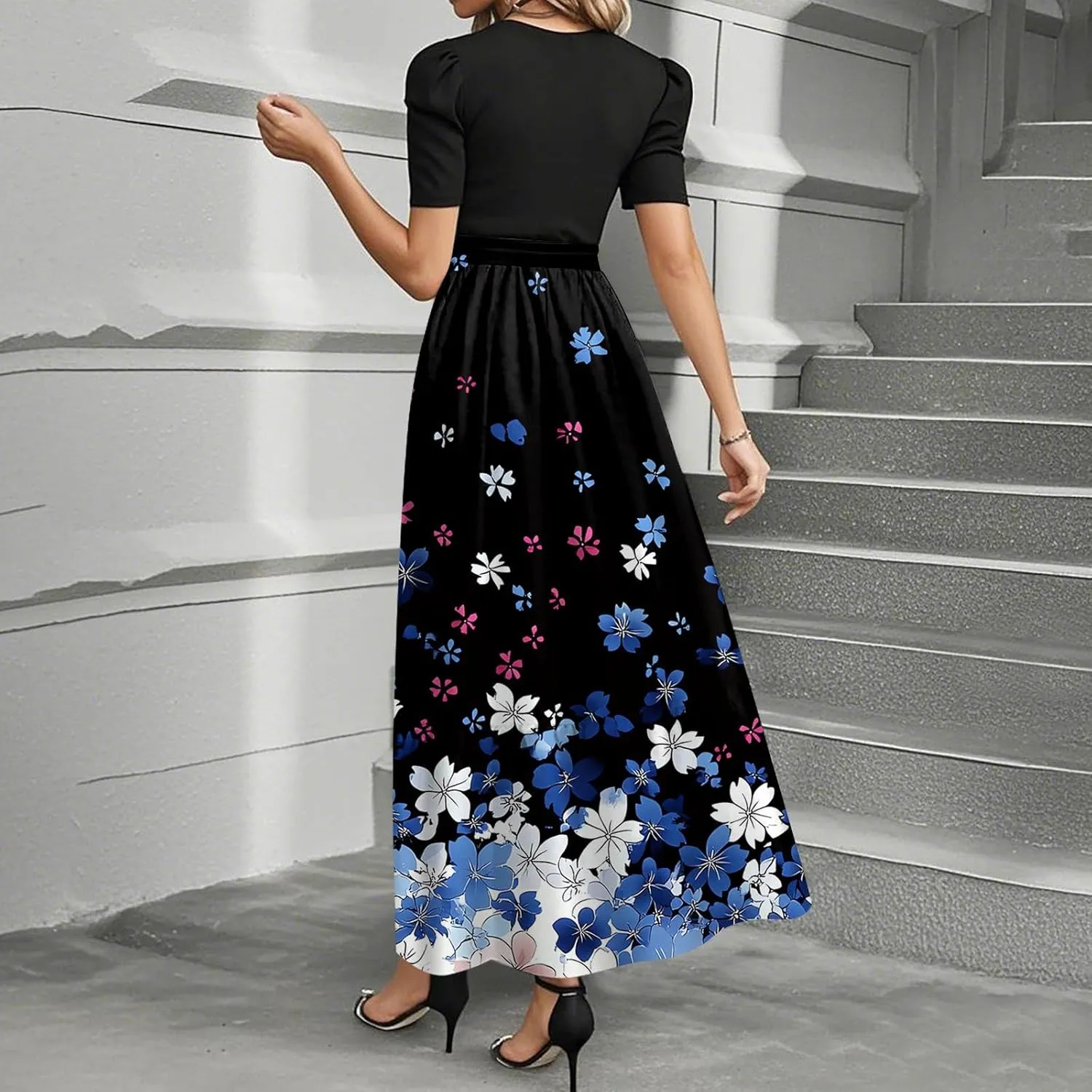 Summer Dresses for Women 2025 Flowy Floral Maxi Dress Short Sleeve Long Sundress Patchwork Ruffle Hem a Line Dress