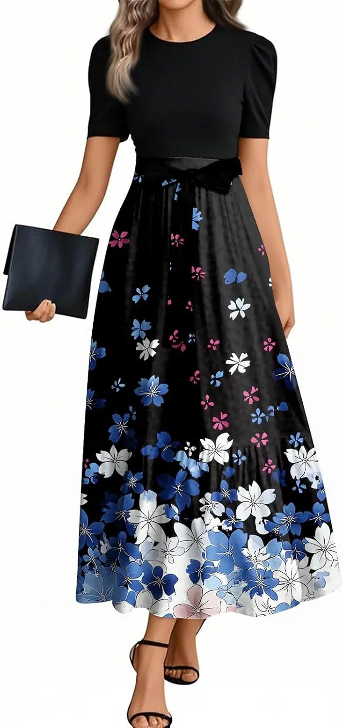 Summer Dresses for Women 2025 Flowy Floral Maxi Dress Short Sleeve Long Sundress Patchwork Ruffle Hem a Line Dress