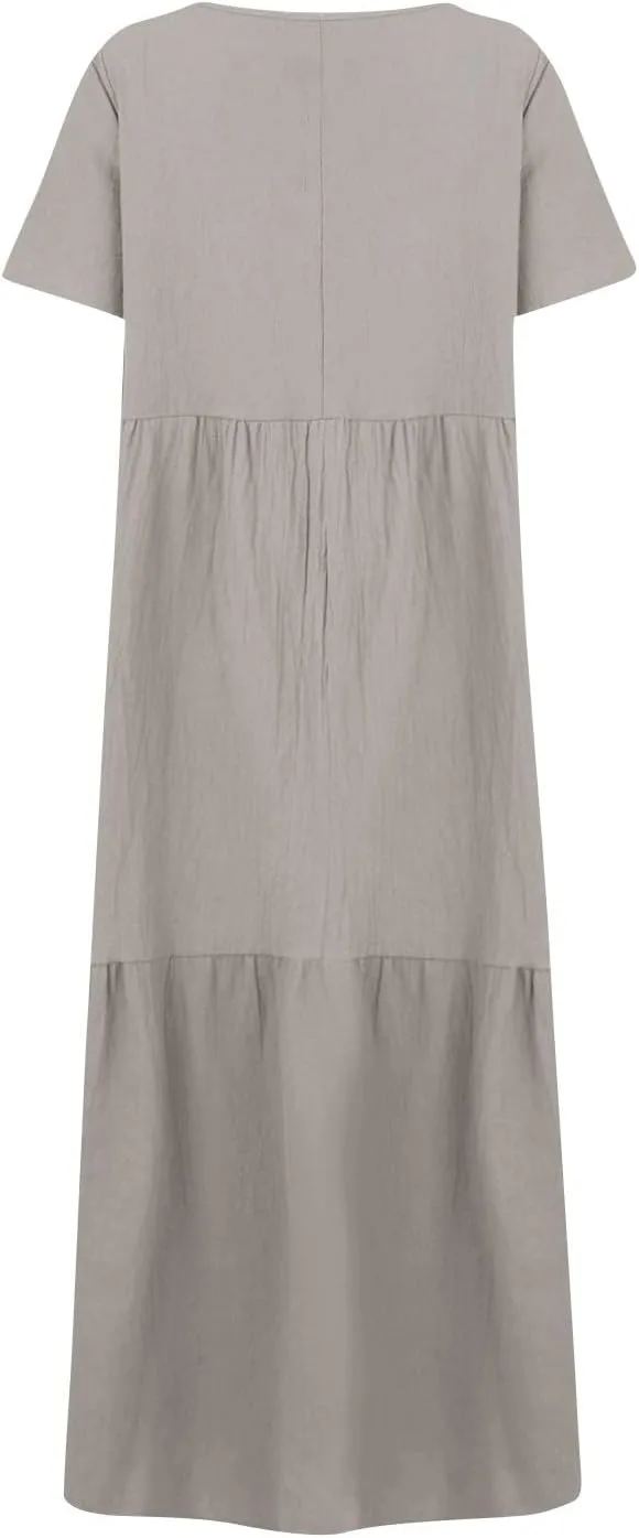 Summer Maxi Linen Dresses for Women 2025 Plus Size Long Flowy Smocked Tiered Short Sleeve V Neck Beach Dress Frocks
