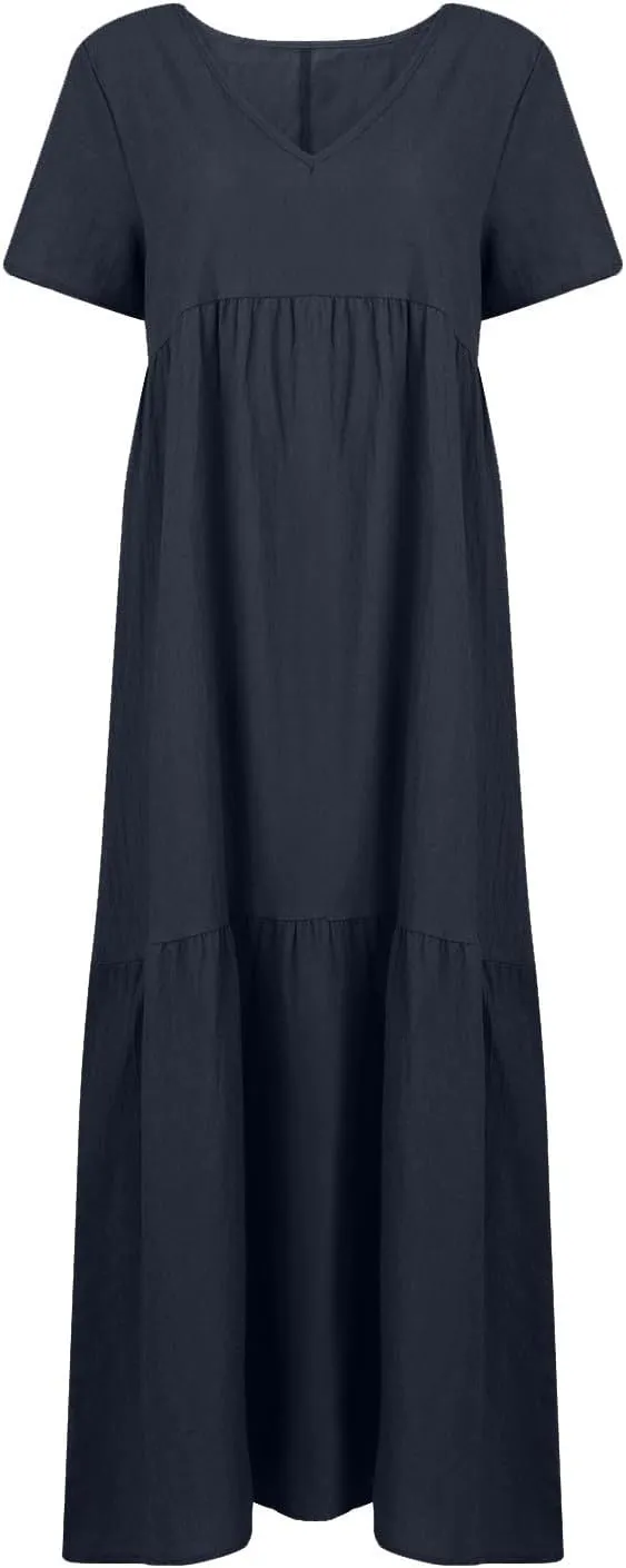 Summer Maxi Linen Dresses for Women 2025 Plus Size Long Flowy Smocked Tiered Short Sleeve V Neck Beach Dress Frocks