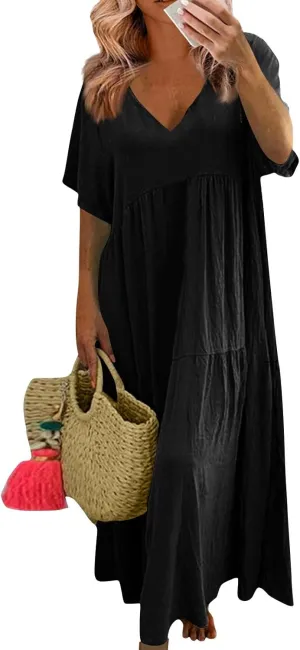 Summer Maxi Linen Dresses for Women 2025 Plus Size Long Flowy Smocked Tiered Short Sleeve V Neck Beach Dress Frocks