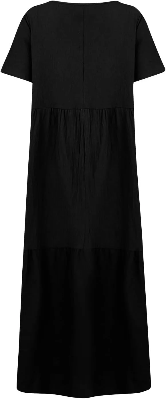 Summer Maxi Linen Dresses for Women 2025 Plus Size Long Flowy Smocked Tiered Short Sleeve V Neck Beach Dress Frocks