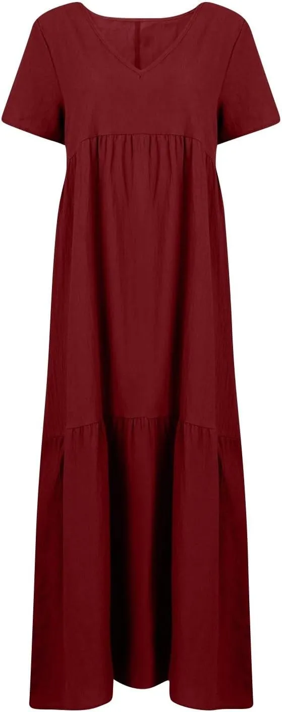 Summer Maxi Linen Dresses for Women 2025 Plus Size Long Flowy Smocked Tiered Short Sleeve V Neck Beach Dress Frocks