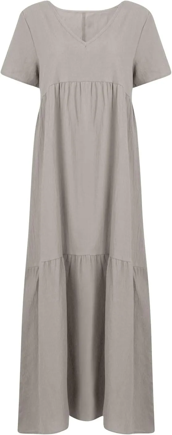 Summer Maxi Linen Dresses for Women 2025 Plus Size Long Flowy Smocked Tiered Short Sleeve V Neck Beach Dress Frocks