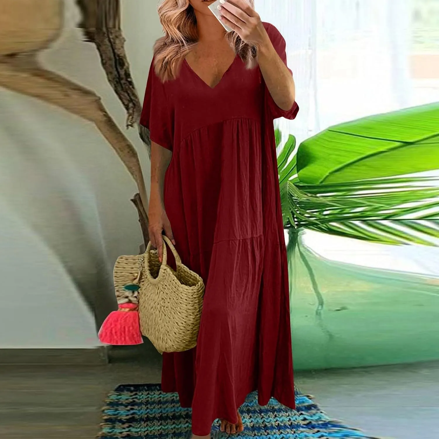 Summer Maxi Linen Dresses for Women 2025 Plus Size Long Flowy Smocked Tiered Short Sleeve V Neck Beach Dress Frocks