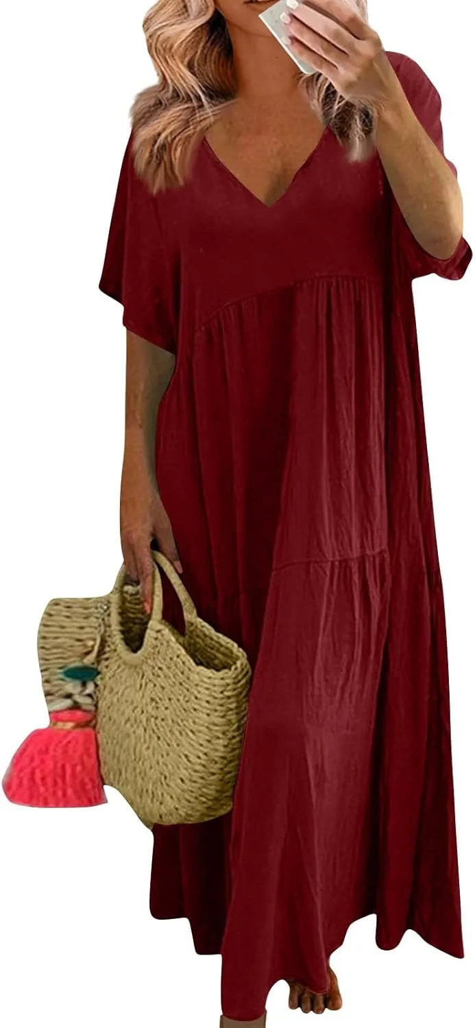 Summer Maxi Linen Dresses for Women 2025 Plus Size Long Flowy Smocked Tiered Short Sleeve V Neck Beach Dress Frocks