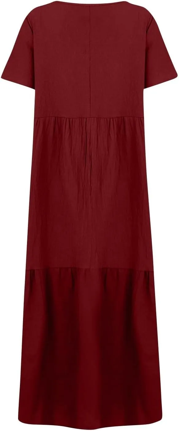 Summer Maxi Linen Dresses for Women 2025 Plus Size Long Flowy Smocked Tiered Short Sleeve V Neck Beach Dress Frocks
