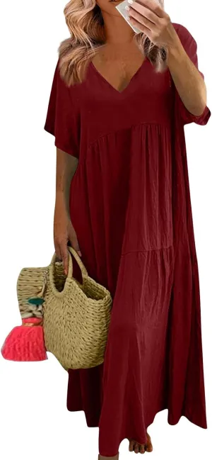 Summer Maxi Linen Dresses for Women 2025 Plus Size Long Flowy Smocked Tiered Short Sleeve V Neck Beach Dress Frocks