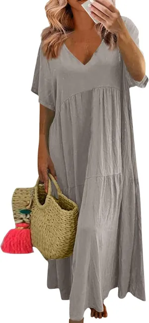 Summer Maxi Linen Dresses for Women 2025 Plus Size Long Flowy Smocked Tiered Short Sleeve V Neck Beach Dress Frocks