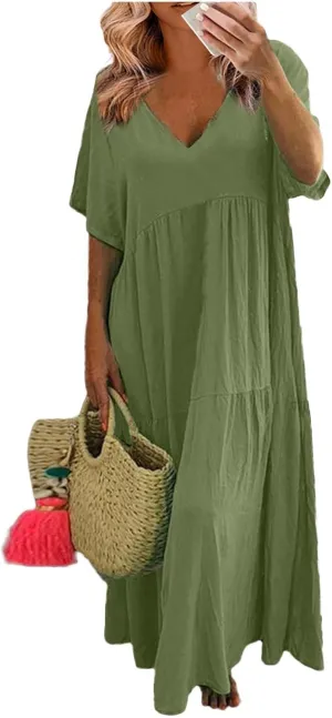 Summer Maxi Linen Dresses for Women 2025 Plus Size Short Sleeve V Neck Long Flowy Smocked Tiered Beach Dress Frocks