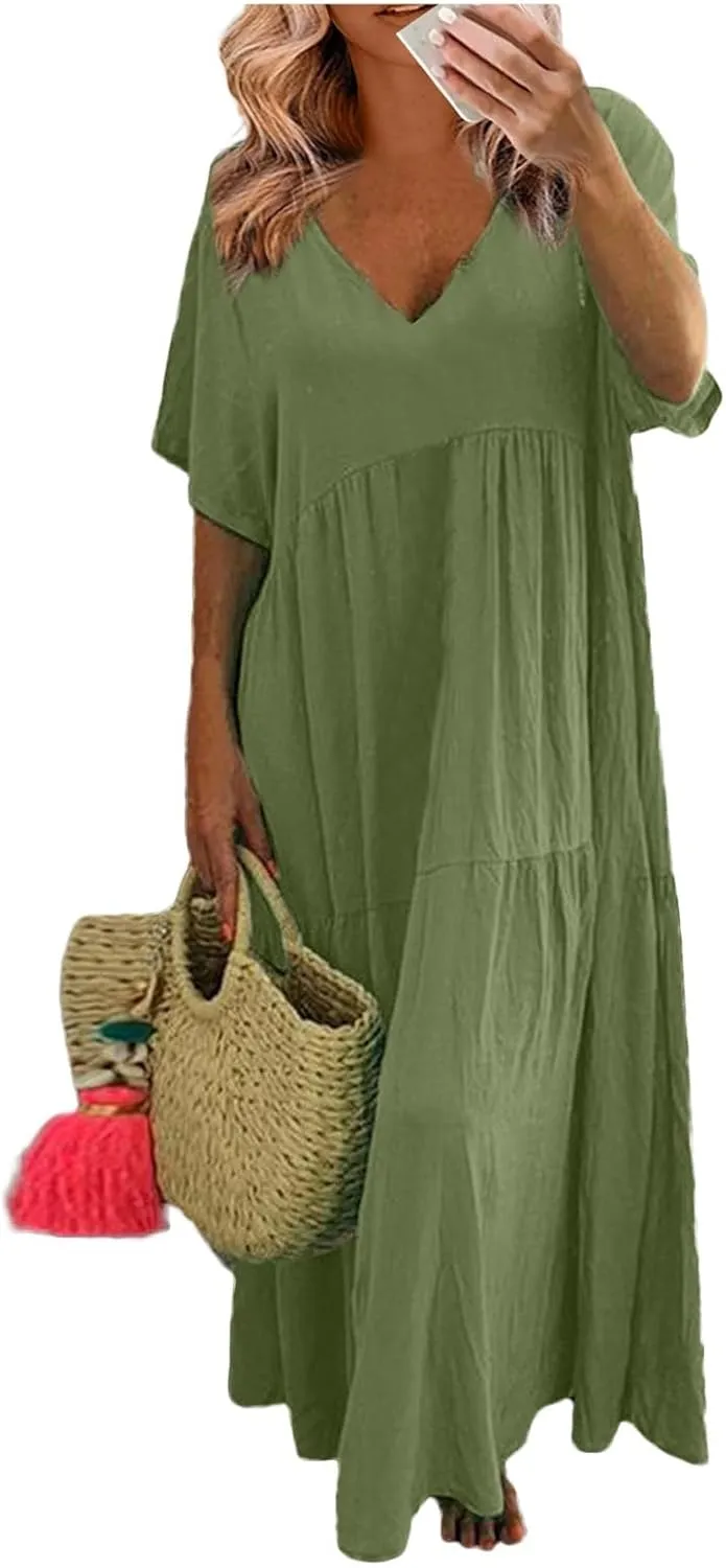 Summer Maxi Linen Dresses for Women 2025 Plus Size Short Sleeve V Neck Long Flowy Smocked Tiered Beach Dress Frocks