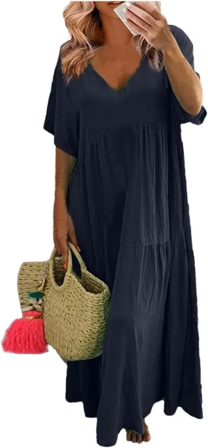 Summer Maxi Linen Dresses for Women 2025 Plus Size Short Sleeve V Neck Long Flowy Smocked Tiered Beach Dress Frocks