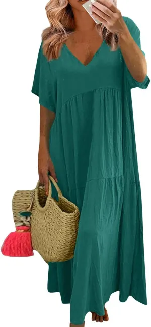Summer Maxi Linen Dresses for Women 2025 Plus Size Short Sleeve V Neck Long Flowy Smocked Tiered Beach Dress Frocks