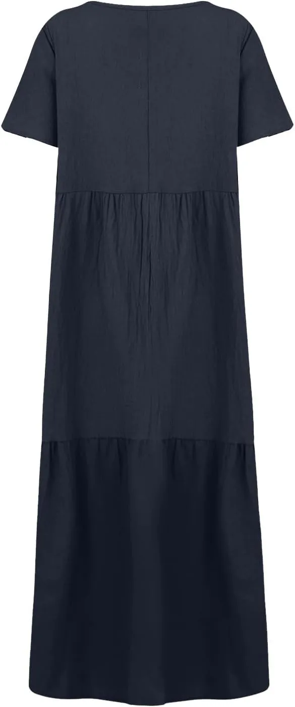 Summer Maxi Linen Dresses for Women 2025 Plus Size Short Sleeve V Neck Long Flowy Smocked Tiered Beach Dress Frocks