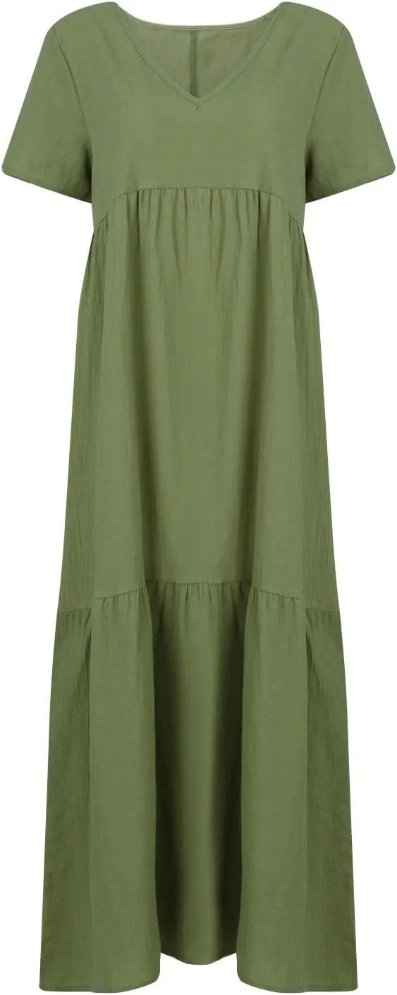 Summer Maxi Linen Dresses for Women 2025 Plus Size Short Sleeve V Neck Long Flowy Smocked Tiered Beach Dress Frocks