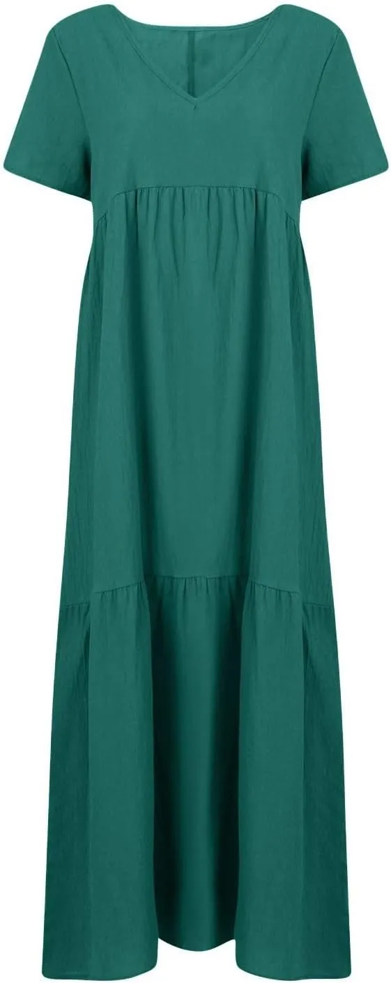 Summer Maxi Linen Dresses for Women 2025 Plus Size Short Sleeve V Neck Long Flowy Smocked Tiered Beach Dress Frocks