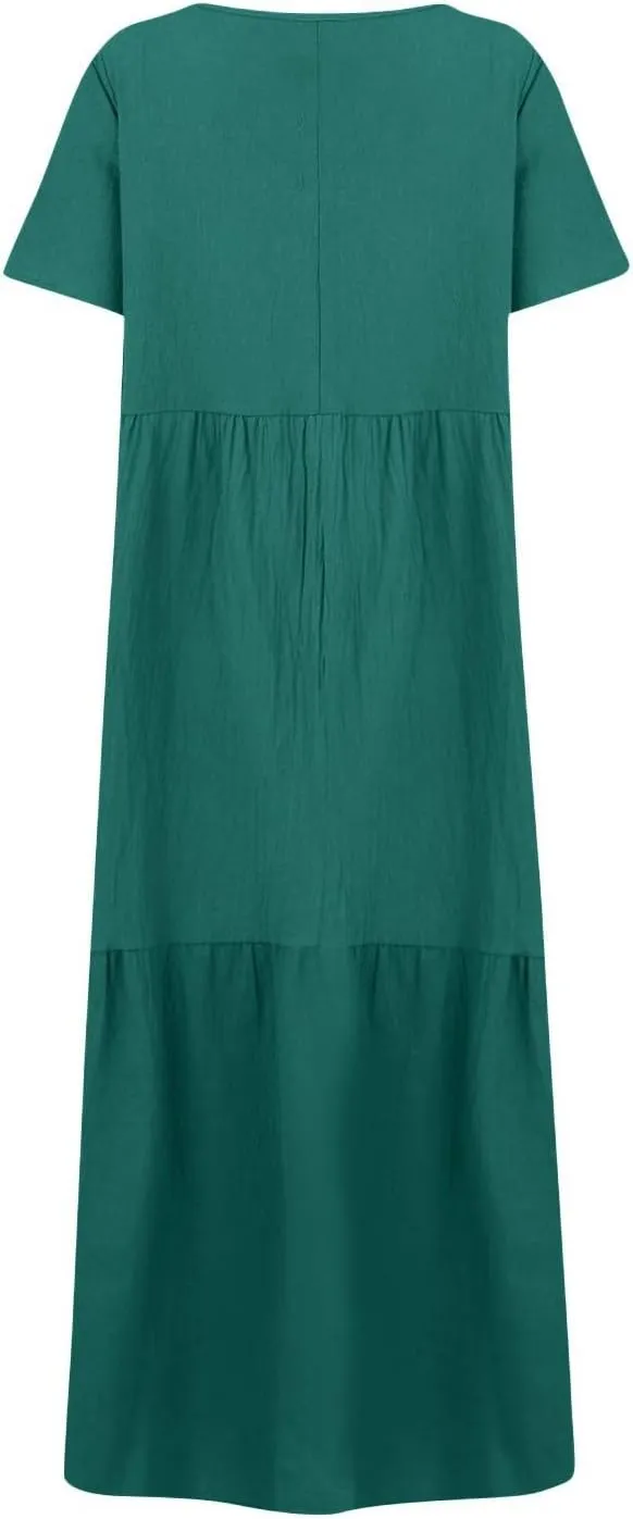 Summer Maxi Linen Dresses for Women 2025 Plus Size Short Sleeve V Neck Long Flowy Smocked Tiered Beach Dress Frocks