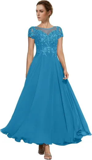 Tea Length Cap Sleeve Chiffon Mother of The Bride Dresses Women's Boat Neck A Line Lace Appliqued Wedding Guest Dress