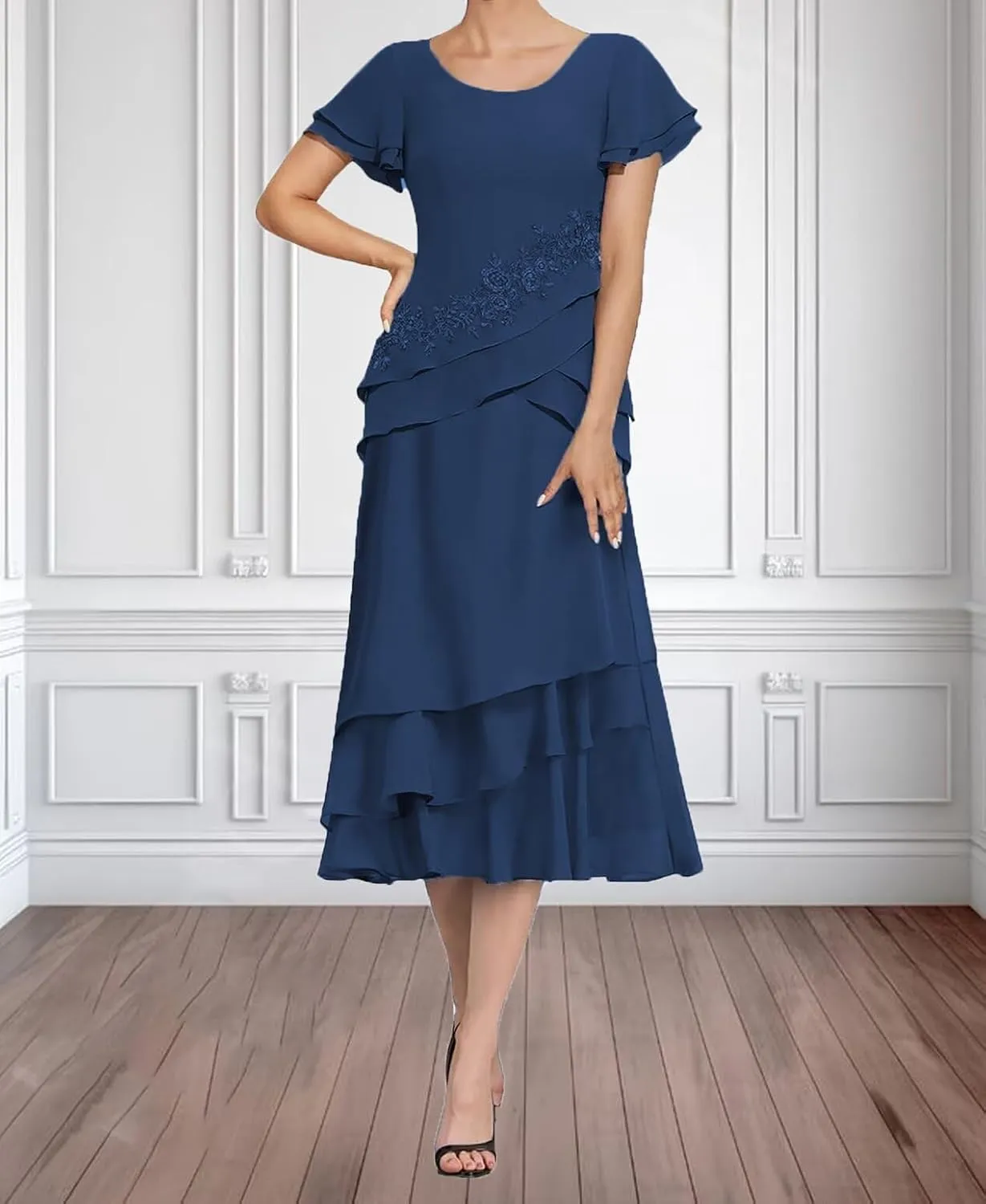 Tea Length Mother of The Bride Dresses for Wedding Chiffon Appliques Formal Evening Party Gowns Grandmother Dresses
