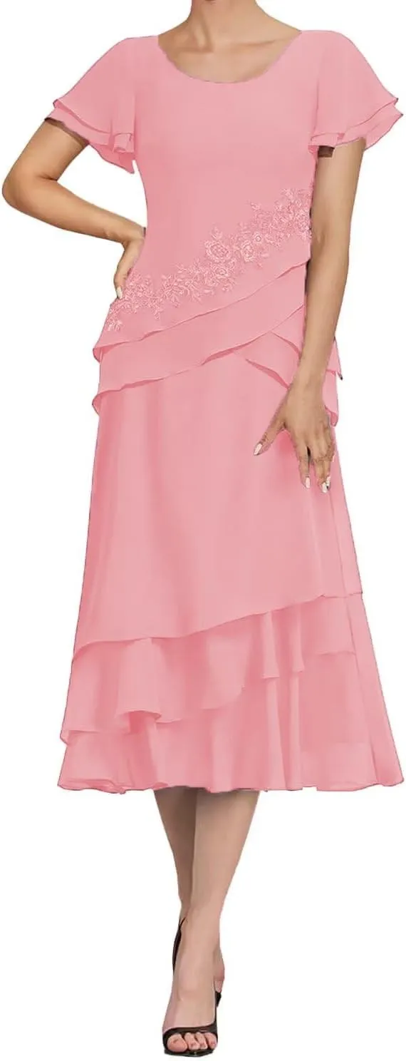 Tea Length Mother of The Bride Dresses for Wedding Chiffon Appliques Formal Evening Party Gowns Grandmother Dresses