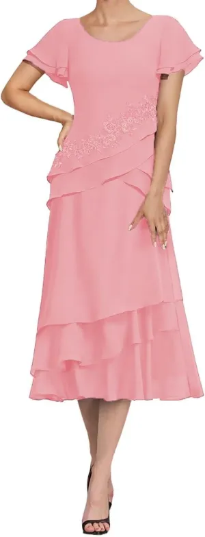 Tea Length Mother of The Bride Dresses for Wedding Chiffon Appliques Formal Evening Party Gowns Grandmother Dresses