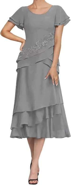 Tea Length Mother of The Bride Dresses for Wedding Chiffon Appliques Formal Evening Party Gowns Grandmother Dresses