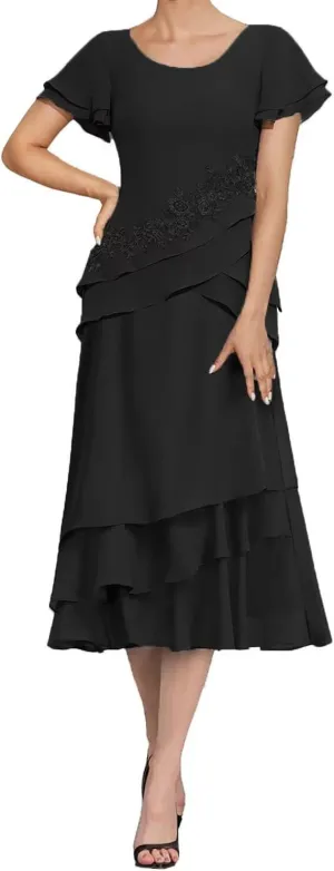 Tea Length Mother of The Bride Dresses for Wedding Chiffon Appliques Formal Evening Party Gowns Grandmother Dresses
