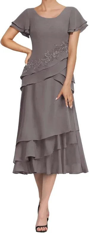 Tea Length Mother of The Bride Dresses for Wedding Chiffon Appliques Formal Evening Party Gowns Grandmother Dresses