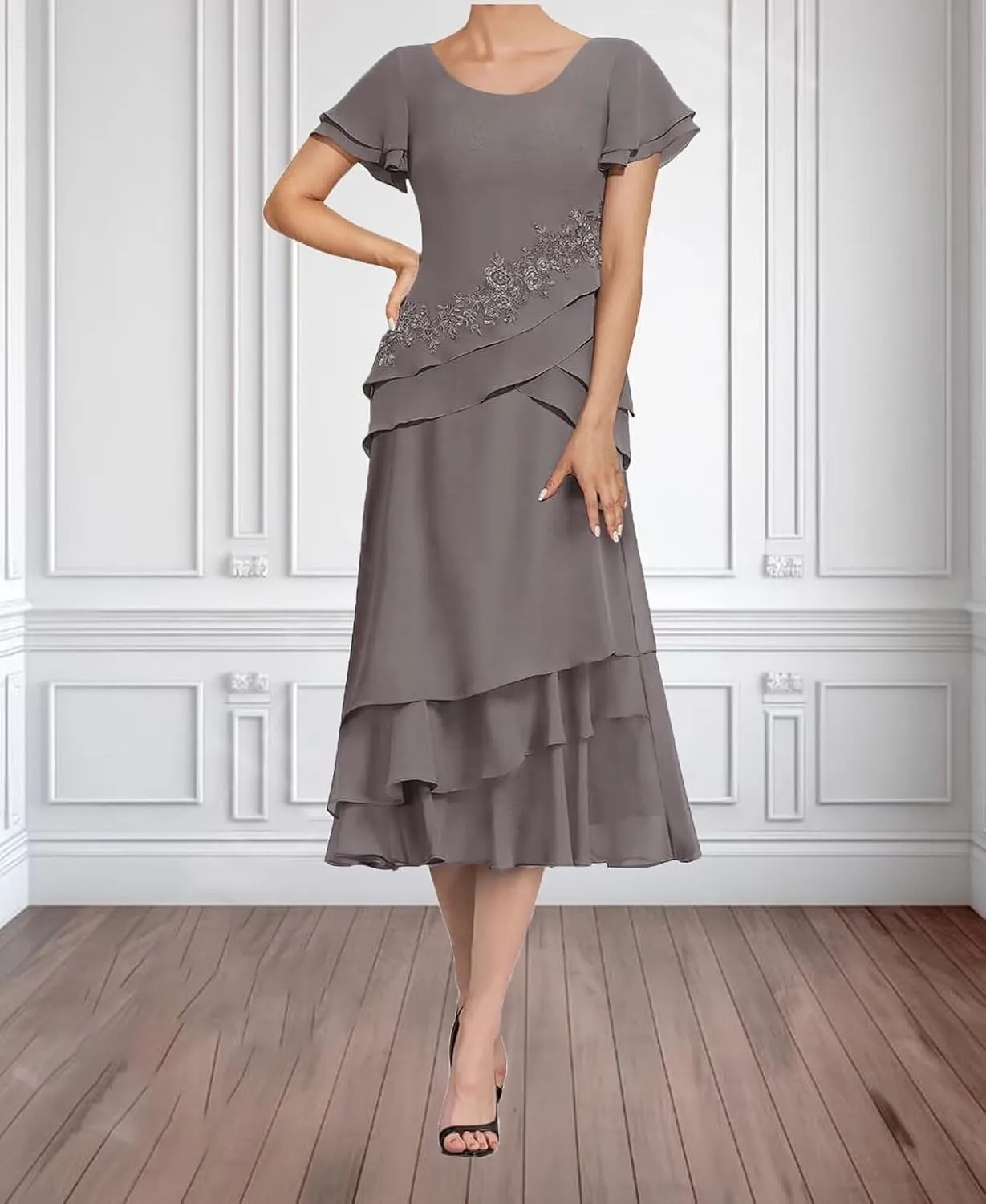 Tea Length Mother of The Bride Dresses for Wedding Chiffon Appliques Formal Evening Party Gowns Grandmother Dresses