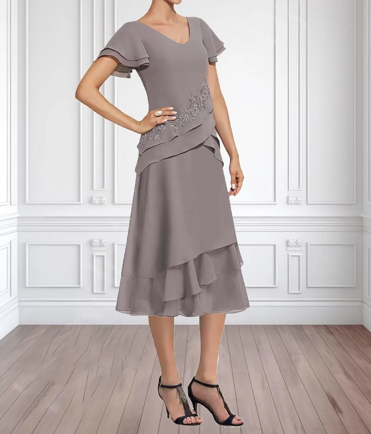 Tea Length Mother of The Bride Dresses for Wedding Chiffon Appliques Formal Evening Party Gowns Grandmother Dresses