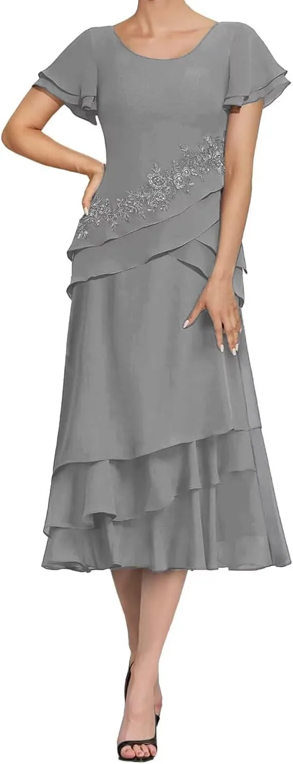 Tea Length Mother of The Bride Dresses for Wedding Chiffon Appliques Formal Evening Party Gowns Grandmother Dresses